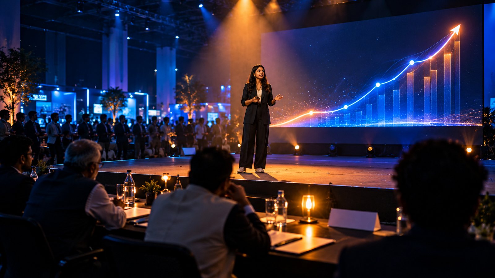 A startup founder pitches to investors and government stakeholders